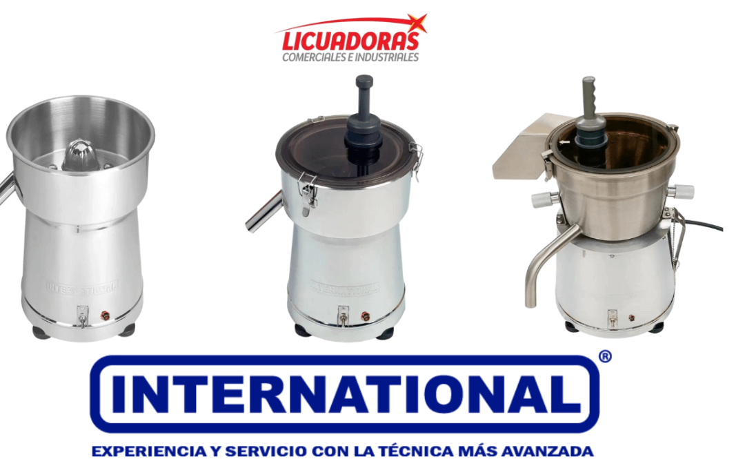 Extractor y exprimidor International modelos EJ-4, EX-5 y EX-A en acero inoxidable, ideales para jugos de naranja, limón, frutas y verduras en restaurantes y hoteles.