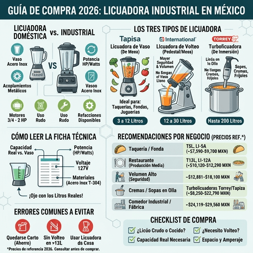 Infografía para elegir licuadora industrial en México: licuadora de vaso, de volteo y turbolicuadora, con recomendaciones por negocio