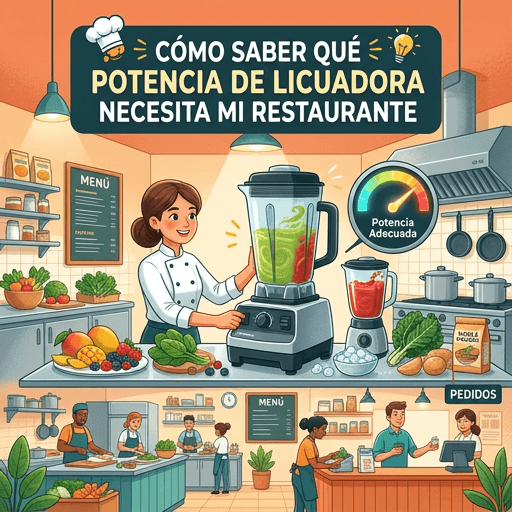 Chef en cocina de restaurante usando una licuadora comercial de alta potencia, con medidor de "Potencia Adecuada" y escena de área de pedidos al fondo