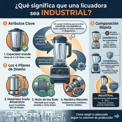 Infografía que explica qué hace industrial a una licuadora: capacidad grande, materiales de grado alimenticio, motor de uso rudo y mecánica robusta, con una comparación entre licuadora doméstica, comercial e industrial